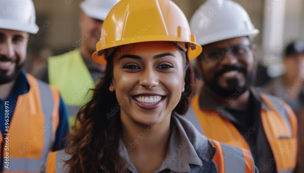 Diverse team of construction workers with a focus on Hispanic female, engaged in conversation on site, displaying camaraderie and teamwork Diverse team of construction workers with a focus on Hispanic female, engaged in conversation on site, displaying camaraderie and teamwork
