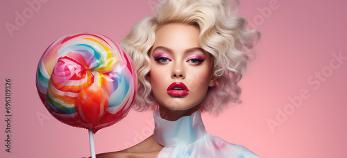 Female model flaunting her fashion prowess with big candy
