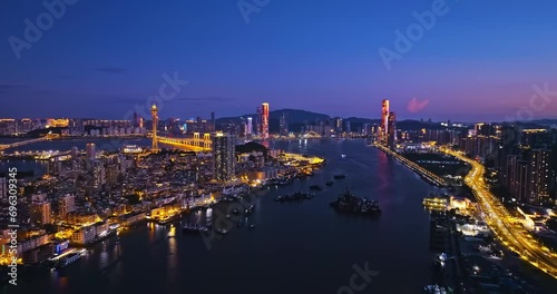Wallpaper Mural Aerial view of Zhuhai and Macau city skyline with modern buildings scenery at night, China. Famous travel destination.  Torontodigital.ca