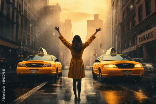 Woman take taxi. Urban car. Generate Ai photo