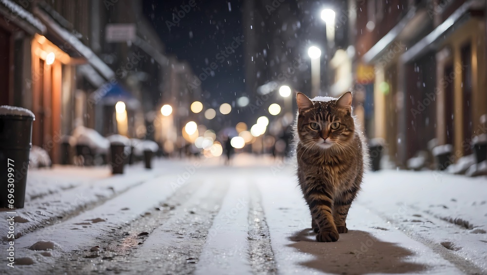 Obraz na płótnie cat in the snow at night in the street  w salonie