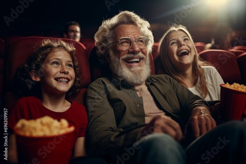 Happy senior man with grandchild enjoying a movie in cinema  sharing smiles and laughter while experiencing entertainment together  bonding over a film in a comfortable theater setting