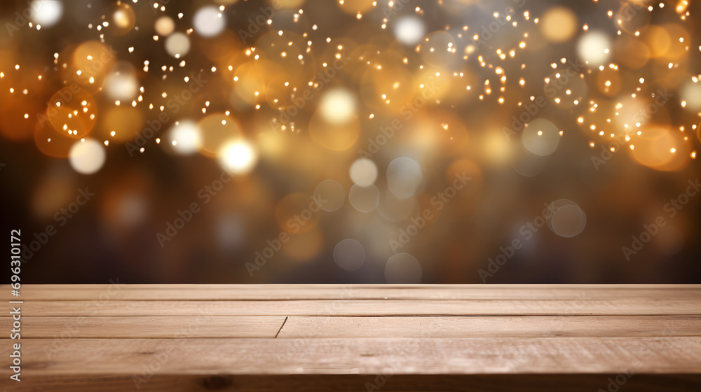 Empty wood table top with blur Christmas tree