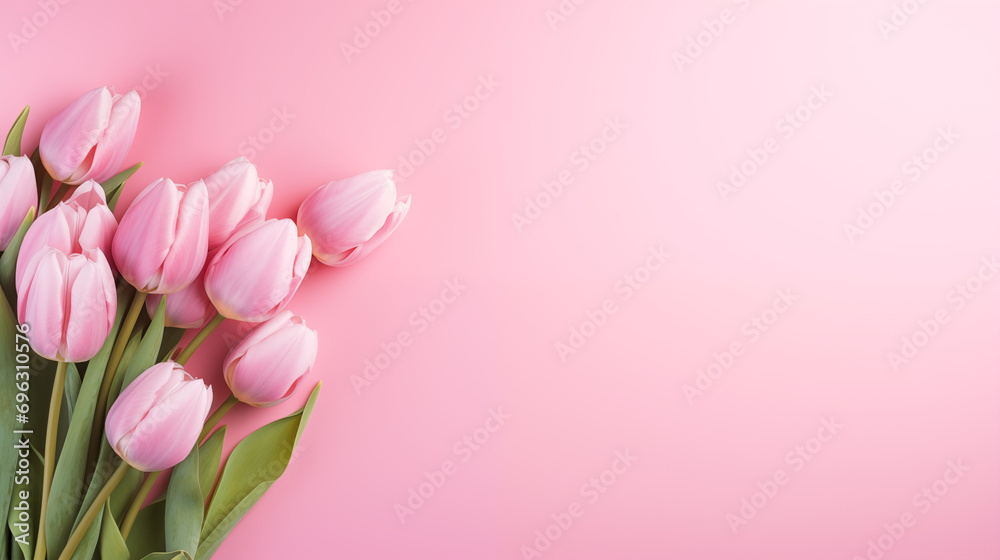 Flowers composition with roses and peonies on flat lay light pink background with copy space Flowers composition with roses and peonies on flat lay light pink background with copy space