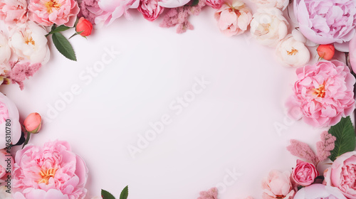 Flowers composition with roses and peonies on flat lay light pink background with copy space photo