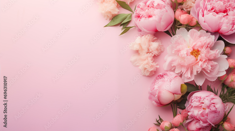 custom made wallpaper toronto digitalFlowers composition with roses and peonies on flat lay light pink background with copy space