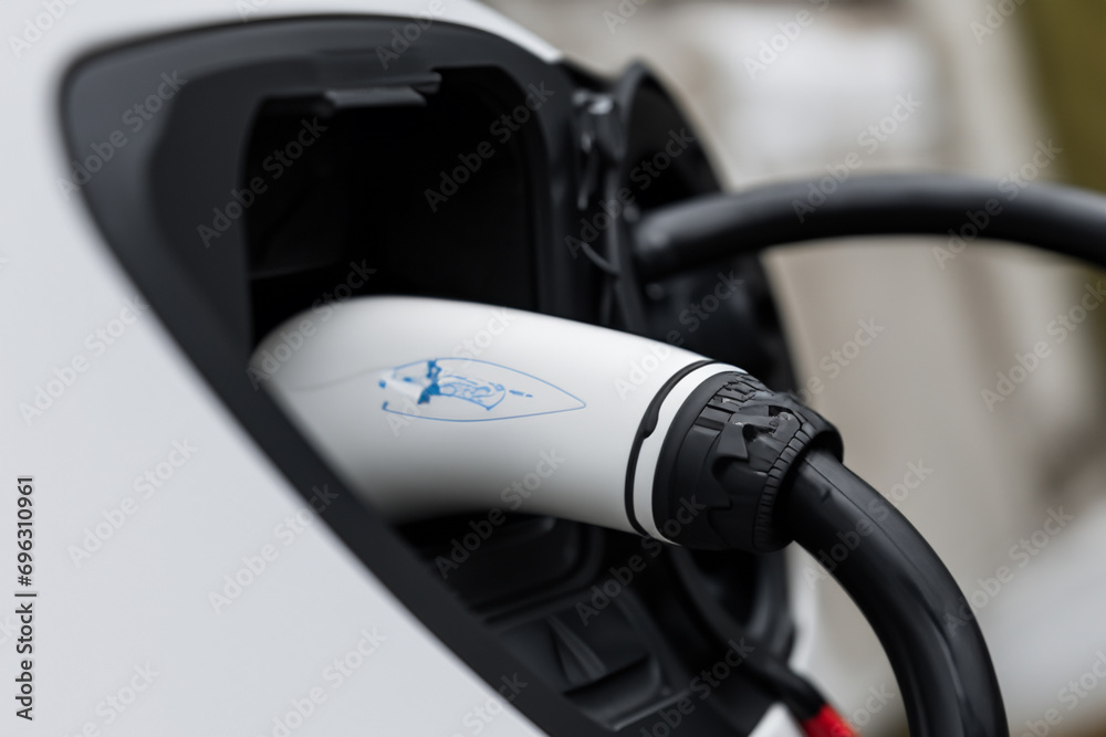 engine fuel. charging for an electric car close-up, wires and plug. electric car concept