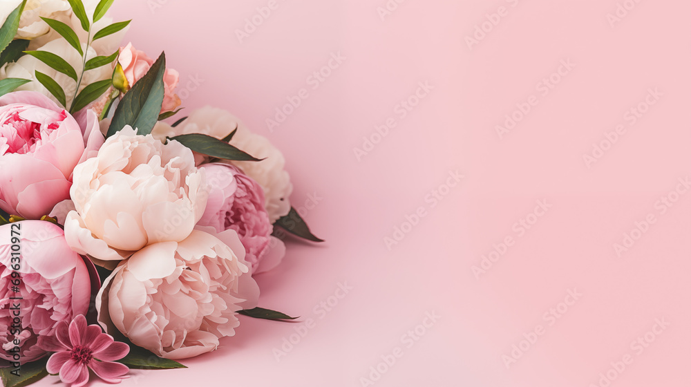 Flowers composition with roses and peonies on flat lay light pink background with copy space - obrazy, fototapety, plakaty 