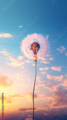 Dandelion flower and abstract background magic hour Sky and cloud in phone wallpaper. Created using generative AI.