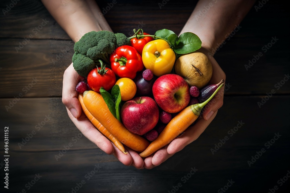Hands gently cradling a heart-shaped bowl filled with colorful fruits and vegetables, symbolizing health, care, and abundance in a wholesome and nutritious lifestyle Hands gently cradling a heart-shaped bowl filled with colorful fruits and vegetables, symbolizing health, care, and abundance in a wholesome and nutritious lifestyle