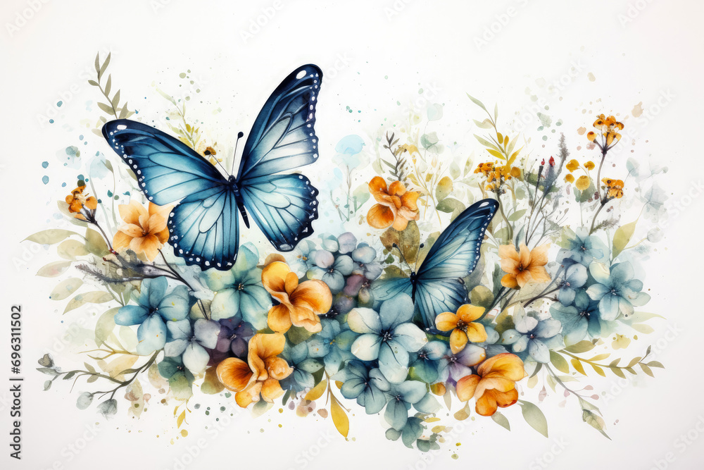 Watercolor butterfly on flowers , Watercolor painting butterfly Floral isolated on vintage white background