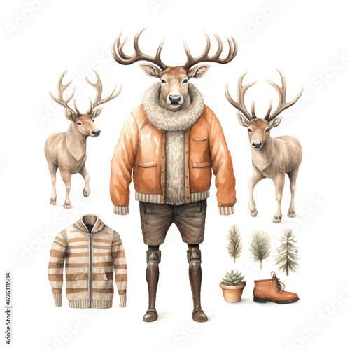 cartoon Caribou with antlers , on a white background , sweaters and boots, in the style of soft watercolor