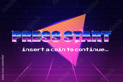 PRESS START INSERT A COIN TO CONTINUE .pixel art .8 bit game.retro game. for game assets in vector illustrations.Retro Futurism Sci-Fi Background. glowing neon grid.and stars from vintage arcade comp