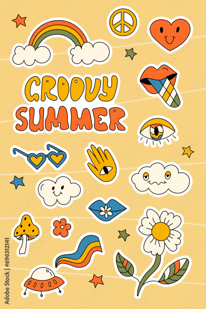 Set of vector groovy summer stickers with rainbow, flowers, heart, clouds and hand drawn lettering. Flat illustration set on yellow background