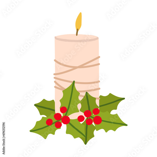 Vector illustration of a candle with holly leaves and winter berries. A festive composition for Christmas and new year isolated on a white background.
