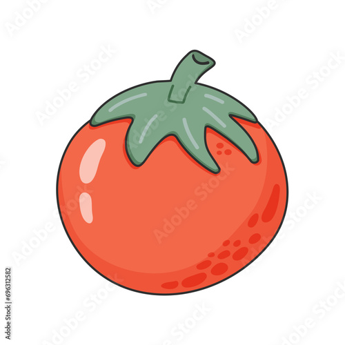 Tomato hand-drawn illustration. Red textured tomato with a green stem. Vector doodle style cartoon illustration. Concept of healthy food, vegan products for recipe book, banner, decoration
