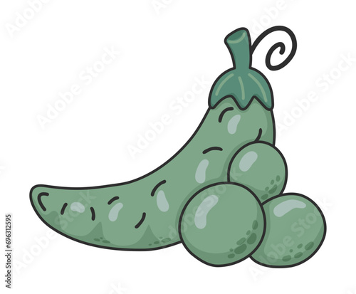 Green pea pod isolated on a white background, hand drawn vector illustration. Green split sweet peas. Organic vegetables cartoon concepts. Education and school material, kids coloring page, printable.