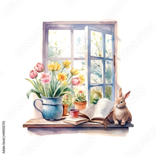 Spring windowsill landscape scene with Spring objects like books, vase with flowers, bunny cottage ore look