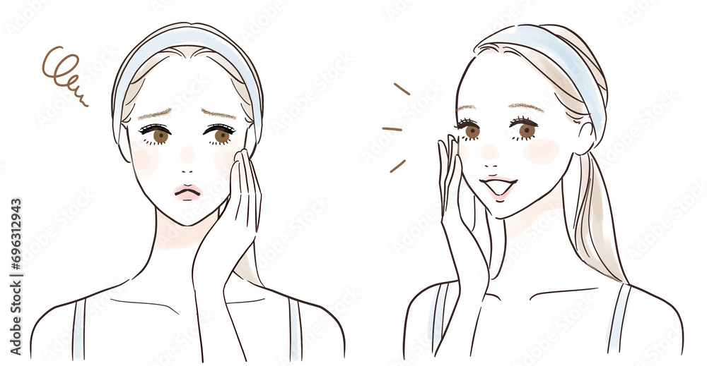 肌を触って困る、悩む女性と笑顔の女性のセット 肌を触って困る、悩む女性と笑顔の女性のセット