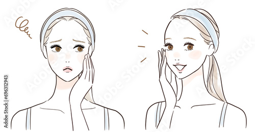 肌を触って困る、悩む女性と笑顔の女性のセット