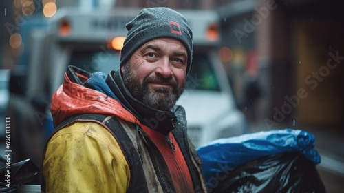 Portrait of garbage man in city photo