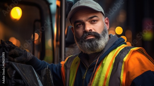 Portrait of garbage man in city