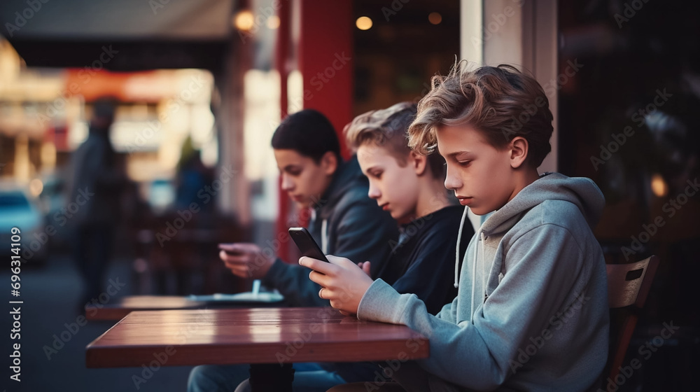 copy space, stockphoto, Tween boy friends texting with smart phones and drinking coffee at cafe table. Young students using smartphone or cellphone. Internet technology - obrazy, fototapety, plakaty 