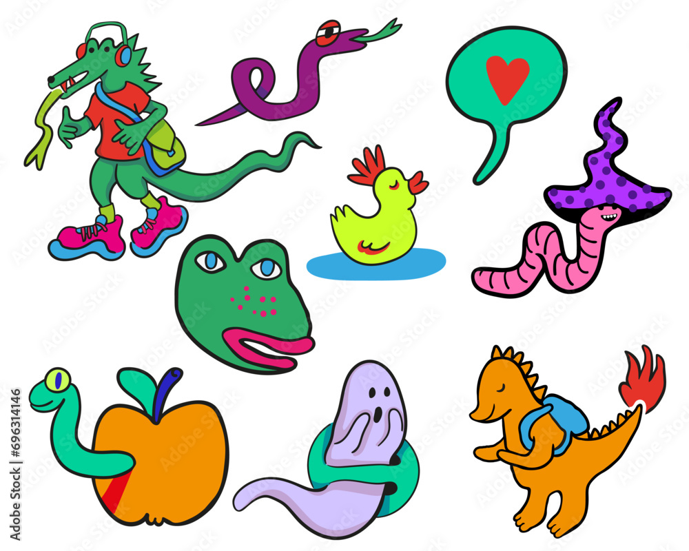 Fototapeta premium set of doodle elements in vector.teenage subcultural objects.image for stickers, print, app, design, web site, label, poster, postcard . Series of teenage icons