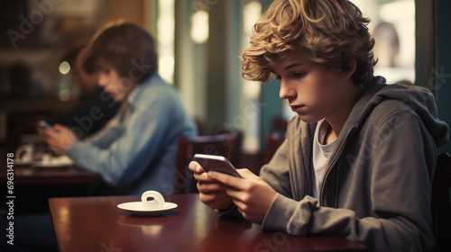 copy space  stockphoto  Tween boy friends texting with smart phones and drinking coffee at cafe table. Young students using smartphone or cellphone. Internet technology