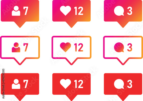 Follower, like and comment icon collection. Social network and web profile with notification symbols. Vector illustration