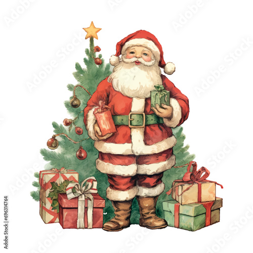 detailed vintage old kawaii santa with gifts, snowman, full body, chiristmas tree, old color, in the style