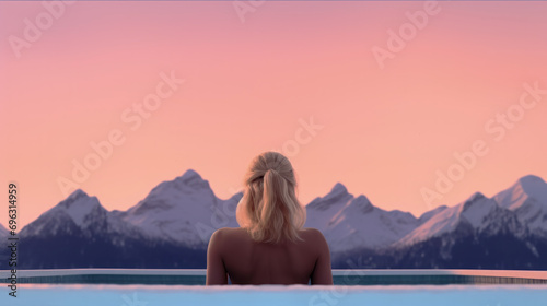 Frau entspannt sich bei Sonnenuntergang mit Bergblick, Generative AI