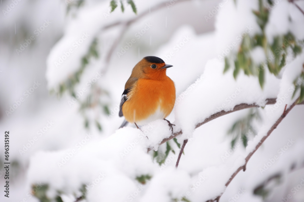 Turdus migratorius, robin bird perched on a branch in snow, winter Turdus migratorius, robin bird perched on a branch in snow, winter
