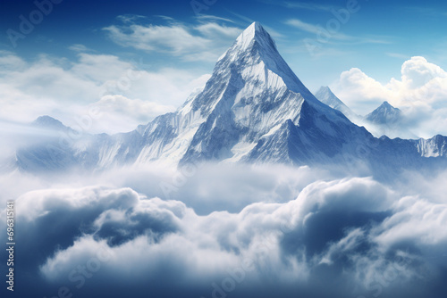 Majestic snowy mountain peak above the clouds. Generative AI