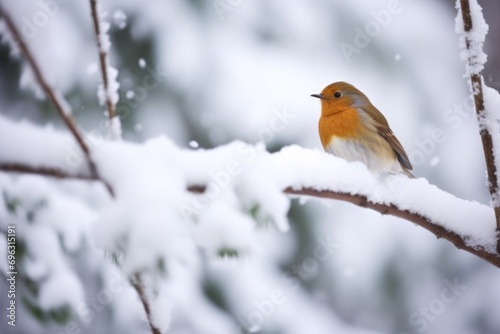 Turdus migratorius, robin bird perched on a branch in snow, winter © Schizarty