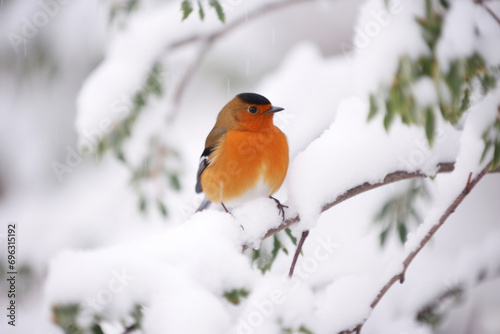 Turdus migratorius, robin bird perched on a branch in snow, winter