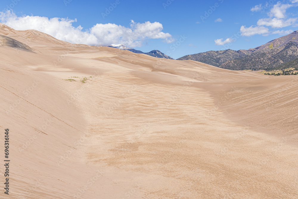 High sand dunes and the Rocky Mountains in  the Great Sand Dunes National Park