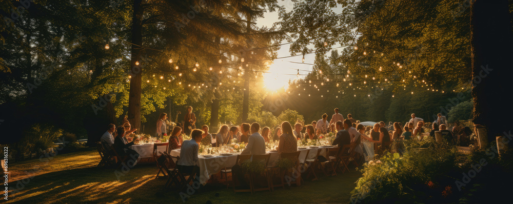 Wedding outdoor celebration after bride ceremony. Happy wedding day at green exterior