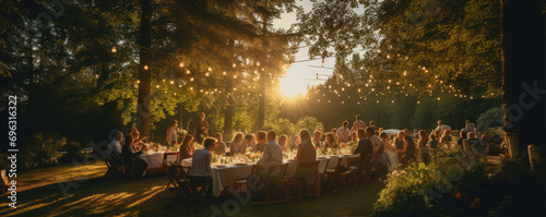 Wedding outdoor celebration after bride ceremony. Happy wedding day at green exterior photo