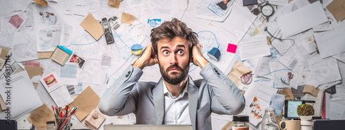businessman overwhelmed with work, surrounded by a chaotic array of papers and office supplies, capturing the stress of a hectic work environment. photo