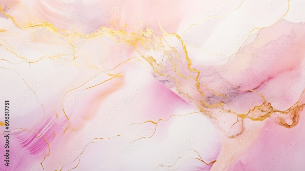 Marble ombre, alcohol ink, abstract art. Background made of white, gold and pink paints, gold veins. Generative AI