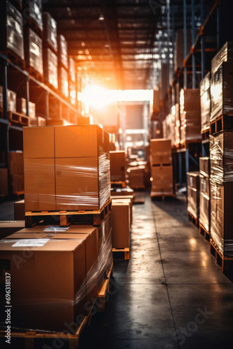 Warehouse aisle with stacked pallets, shelves, and efficient logistics for storage and distribution.