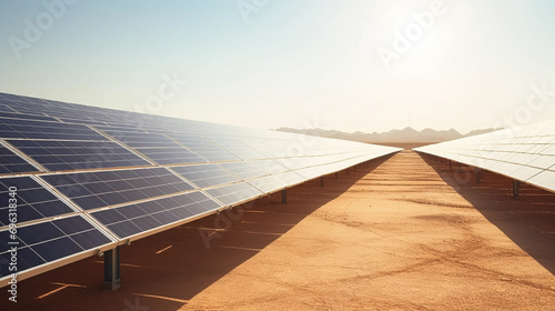 copy space, stockphoto, huge field of solar panels installed in an arabic oil producing country. change towards renewable energy. New green technology to beat the climate change. Renewable sutainable  photo