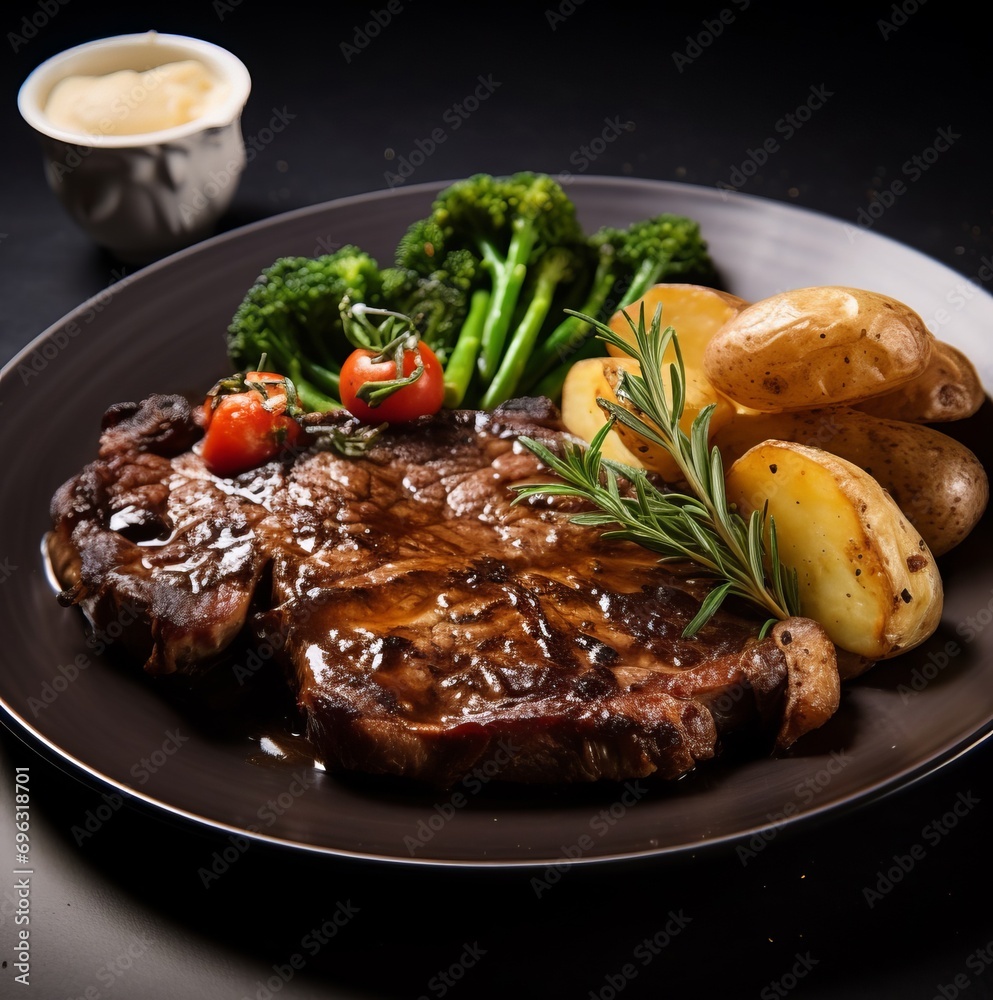 A close-up photo of a well-cooked steak,  potatoes, and roasted vegetables on a black plate. The steak is medium-rare and has grill marks on the surface. 