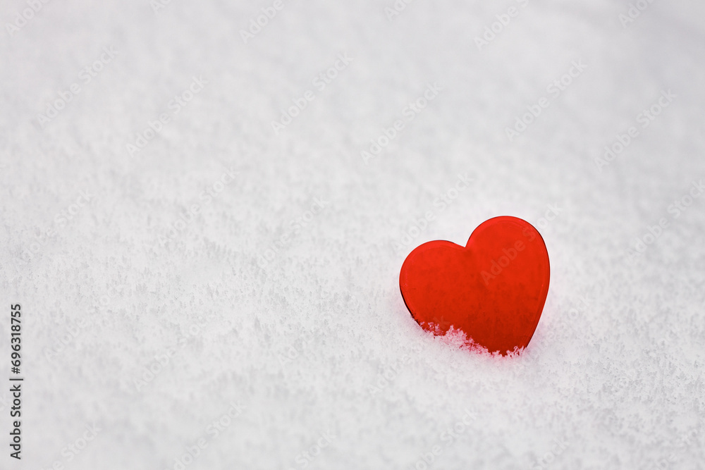 valentines day background, red glass heart on white fresh snow, love symbol valentines day background, red glass heart on white fresh snow, love symbol