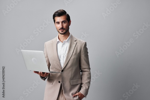 man freelancer copyspace young business job smiling computer laptop suit internet