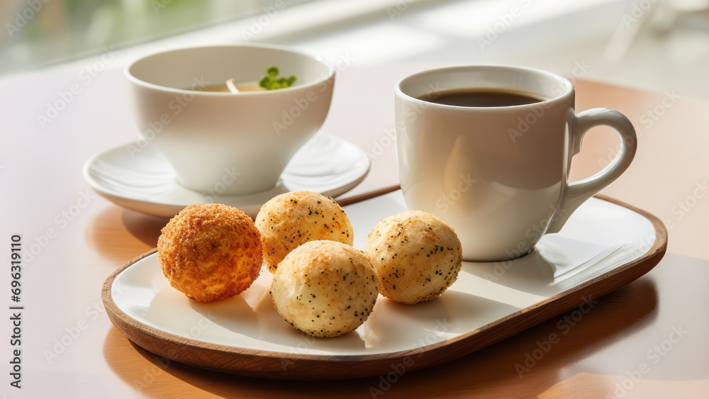 Small Brazilian cheese bread balls and coffee on the table Small Brazilian cheese bread balls and coffee on the table