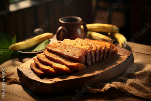 Sliced bolu pisang is served on a wooden board. (Generative AI) photo