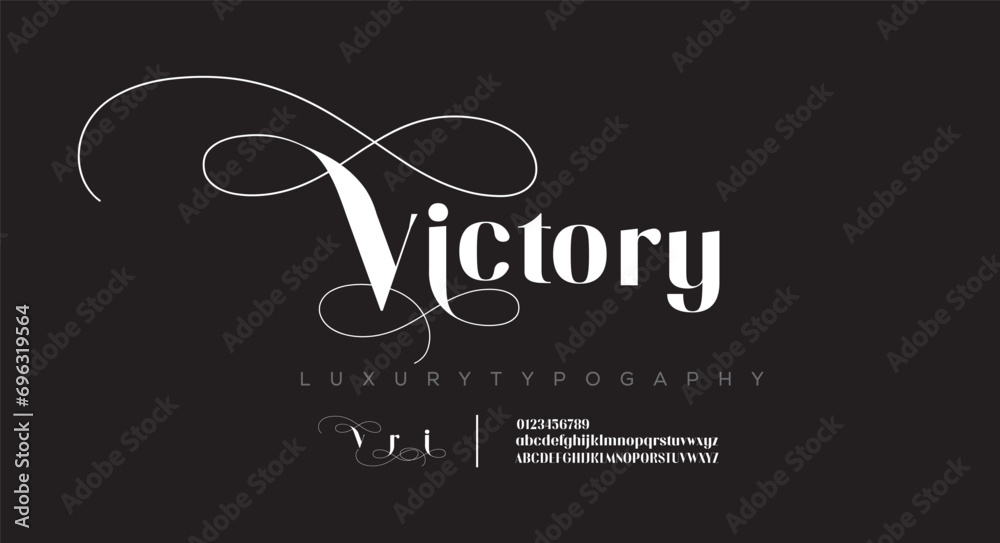 Victory Elegant alphabet letters font and number. Classic Lettering Minimal Fashion Designs. Typography modern serif fonts regular decorative vintage concept. vector illustration - obrazy, fototapety, plakaty 