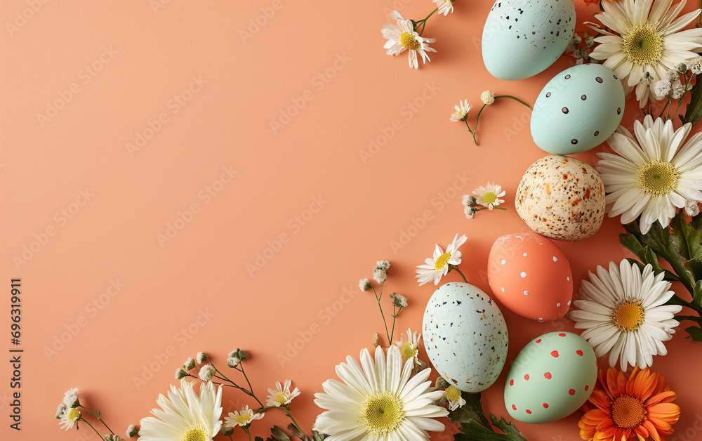 beautiful happy Easter eggs and cute chamomile flowers with copy space. Space for text at center. Peach fuzz background. beautiful happy Easter eggs and cute chamomile flowers with copy space. Space for text at center. Peach fuzz background.